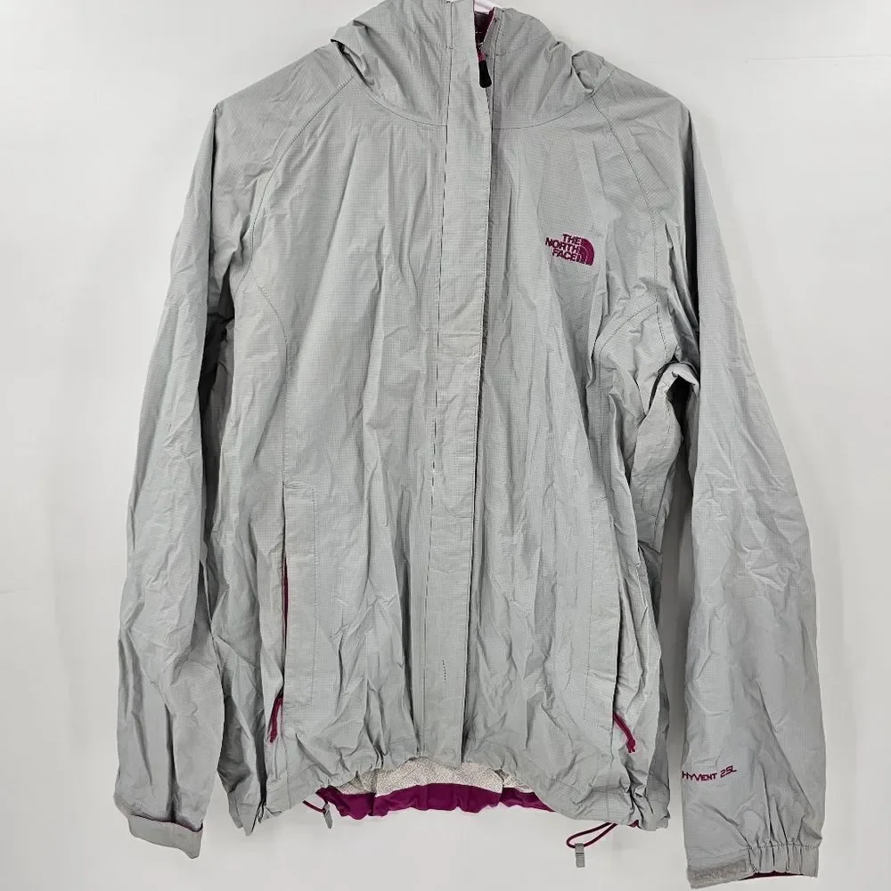 North face large jacket windbreaker gray white full zip long sleeve womens snow